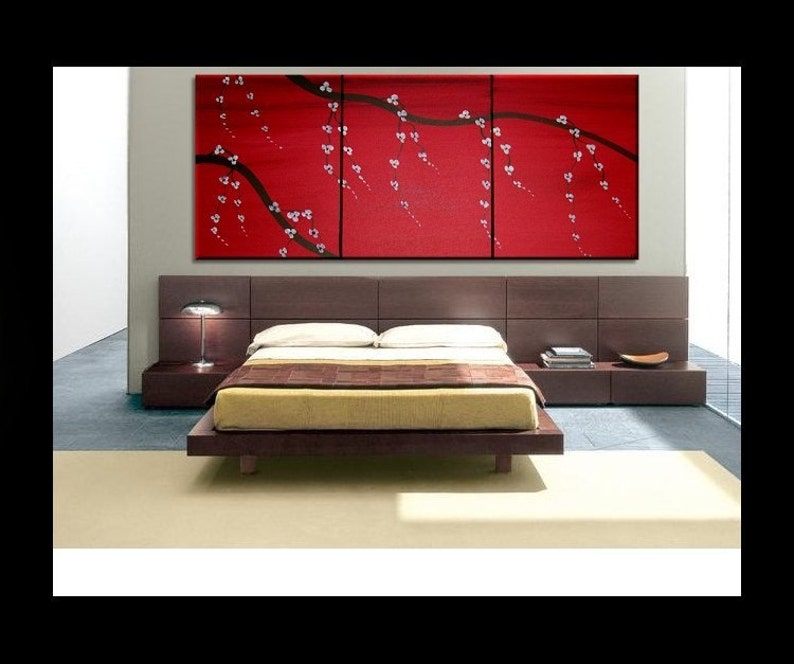 Red Japanese Cherry Blossom Painting Simple Strong Art CUSTOM Original Bold Triptych on Stretched Canvas 48x20 image 3