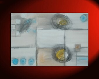 Geometric Abstract Painting Circles and Lines Art on Stretched Canvas White Blue Yellow Charcoal Custom 36x24