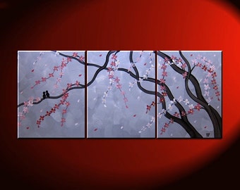 Grey Cherry Blossom and Love Bird Painting Beautiful Original Art Pink Flowers Tree Branches 48x20 Custom