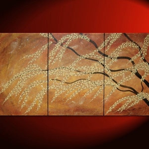 Large Painting Burnt Orange Modern Huge Art Cherry Blossom Tree Art Fresh Zen Asian Style Calming and Peaceful Wall Art Custom 72x36