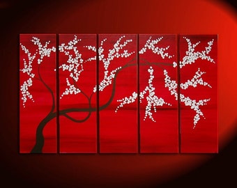 Elegante flor de cerezo pintura moderna pintura flor abstracto ENORME original texturizado Impasto arte grande rojo negro y blanco personalizado 60x36