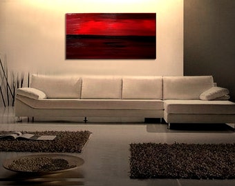 CUSTOM Red Abstract Seascape Art Large Ocean Painting Calm Seas Passionate Bold Crimson Wide Layout 60x30 HUGE