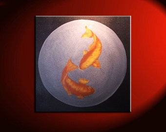 Large Koi Fish Painting Black Silver and Gold Chinese Zen Style Circle Round Original Art Custom 30x30