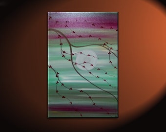 Original Cherry Blossom Painting Zen Chinese Tree Peaceful Art Soft Greens Burgundy Sunset Custom 24x36