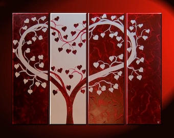 Large Red painting Heart Love Tree Painting Red and White Modern Abstract Art Large 48x36 Wedding Anniversary Gift CUSTOM