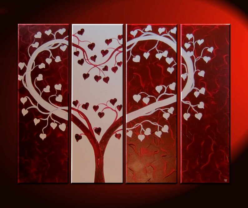 Large Red painting Heart Love Tree Painting Red and White Modern Abstract Art Large 48x36 Wedding Anniversary Gift CUSTOM image 1