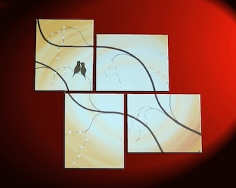 Multiple Canvases Painting Love Birds painting Cherry Blossom art Branch Art Original Caramel Beige and Browns Asian Zen art Custom 47x41