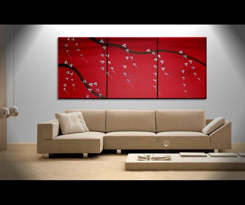 Red Japanese Cherry Blossom Painting Simple Strong Art CUSTOM Original Bold Triptych on Stretched Canvas 48x20 image 2