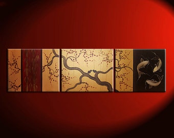 Large Zen Painting Cherry Blossoms Love birds and Koi fishes Gold Red Black Original Huge Wall Art by Nathalie Van Custom 72x20