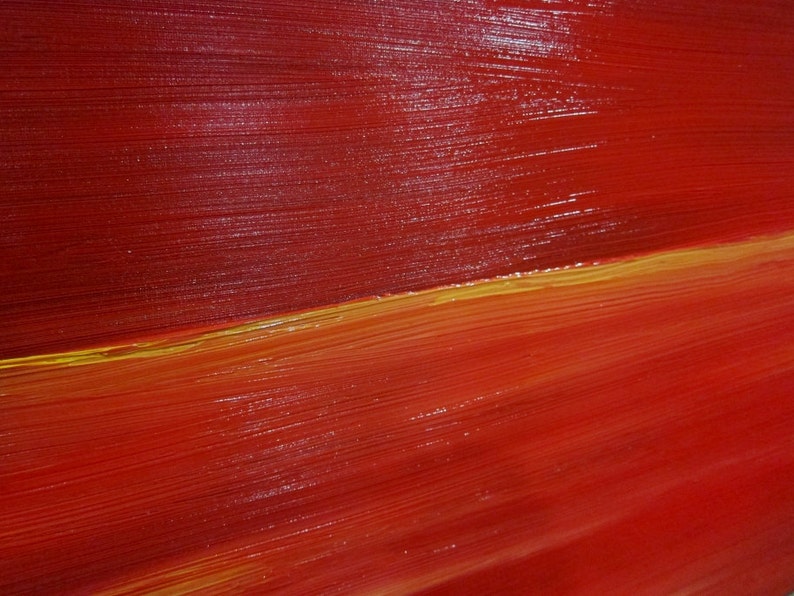 K&ouml;nnte beinhalten: Abstraktes Gem&auml;lde mit dicken Pinselstrichen in Rot- und Gelbt&ouml;nen. Das Gem&auml;lde hat eine horizontale Linie aus gelber Farbe in der Mitte, mit roter Farbe dar&uuml;ber und darunter.