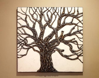 Tree of Life Painting Sculpted Wood Branches Textured 3D Original Art One of a Kind Wall Art Home Decor 24x24 by Artist Nathalie Van