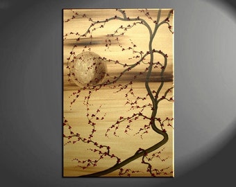 Plum Blossom Painting Deep Rich Gold, Reds Chinese Zen Style Original Art Custom Version 24x36