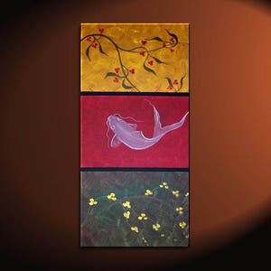 Zen Koi Fish Painting Chinese Red Green Yellow Wall Art Style Original Art Zen Home Decor Japanese Artwork Custom 15x30