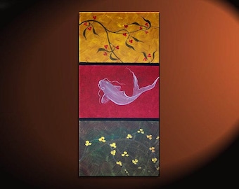 Zen Koi Fish Painting Chinese Red Green Yellow Wall Art Style Original Art Zen Home Decor Japanese Artwork Custom 15x30