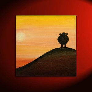 Sheep Silhouette Painting Sunset Calming Happy Lamb Art Original Orange Yellow Black Funny Whimsical Sheep art Sheep Painting Custom 30x30 image 1