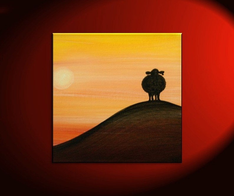 Sheep Silhouette Painting Sunset Calming Happy Lamb Art Original Orange Yellow Black Funny Whimsical Sheep art Sheep Painting Custom 30x30 image 1