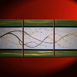 Cherry Blossom Painting Delicate Branch on Silver Gray and Green Canvas Acrylic Triptych Painting Japanese Chinese Asian Wall Art image 1