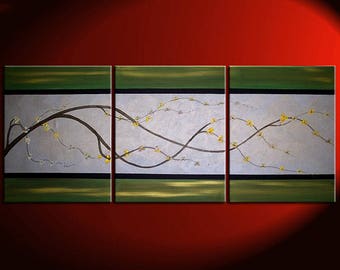 Cherry Blossom Painting Delicate Branch on Silver Gray and Green Canvas Acrylic Triptych Painting Japanese Chinese Asian Wall Art