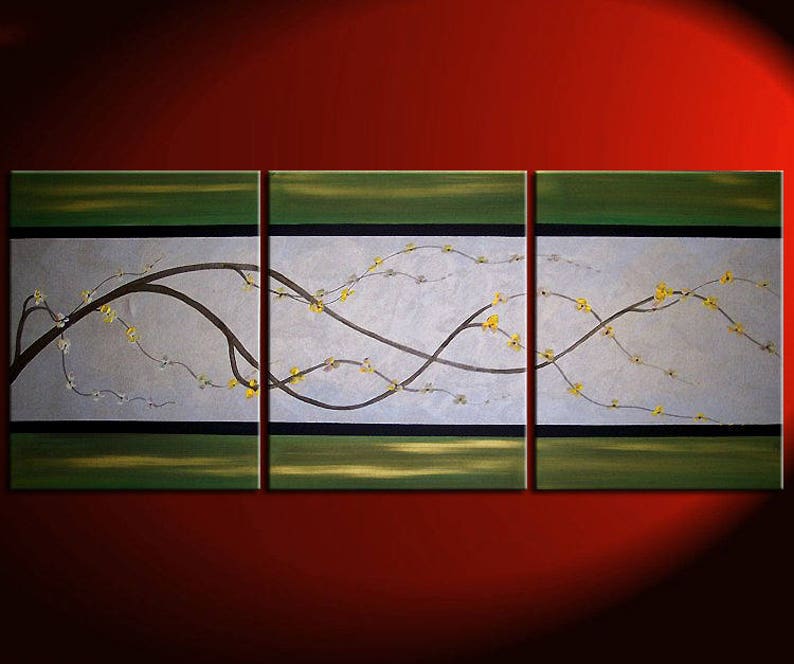 Cherry Blossom Painting Delicate Branch on Silver Gray and Green Canvas Acrylic Triptych Painting Japanese Chinese Asian Wall Art image 1