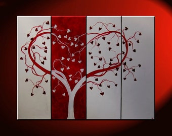 Red Heart Painting Love Tree Art Red and White Modern Abstract Art Large 48x36 Wedding Anniversary Gift CUSTOM