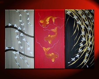 Koi Fish, Wild Orchid and Cherry Blossom Painting Red Chinese Zen Style Original Asian Art CHOOSE your Custom Version 45x30