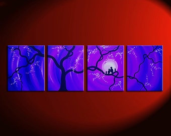 Enorme bird familia pintura púrpura azul grande pared arte amor pájaros flores de cerezo 64x20 personalizado personalizado