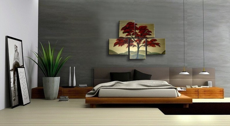 Large Tree Painting Red Gold Huge Art Custom Modern Abstract Original Peaceful 56x40 Hills Asian Chinese Japanese image 3