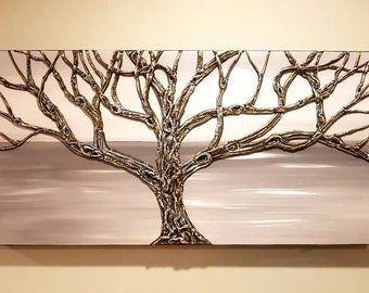 Detailed Textured Tree Painting Sculpted 3D dimensional Original Art Unique Wall Art Home decor 30x15x1.5 by Artist Nathalie Van