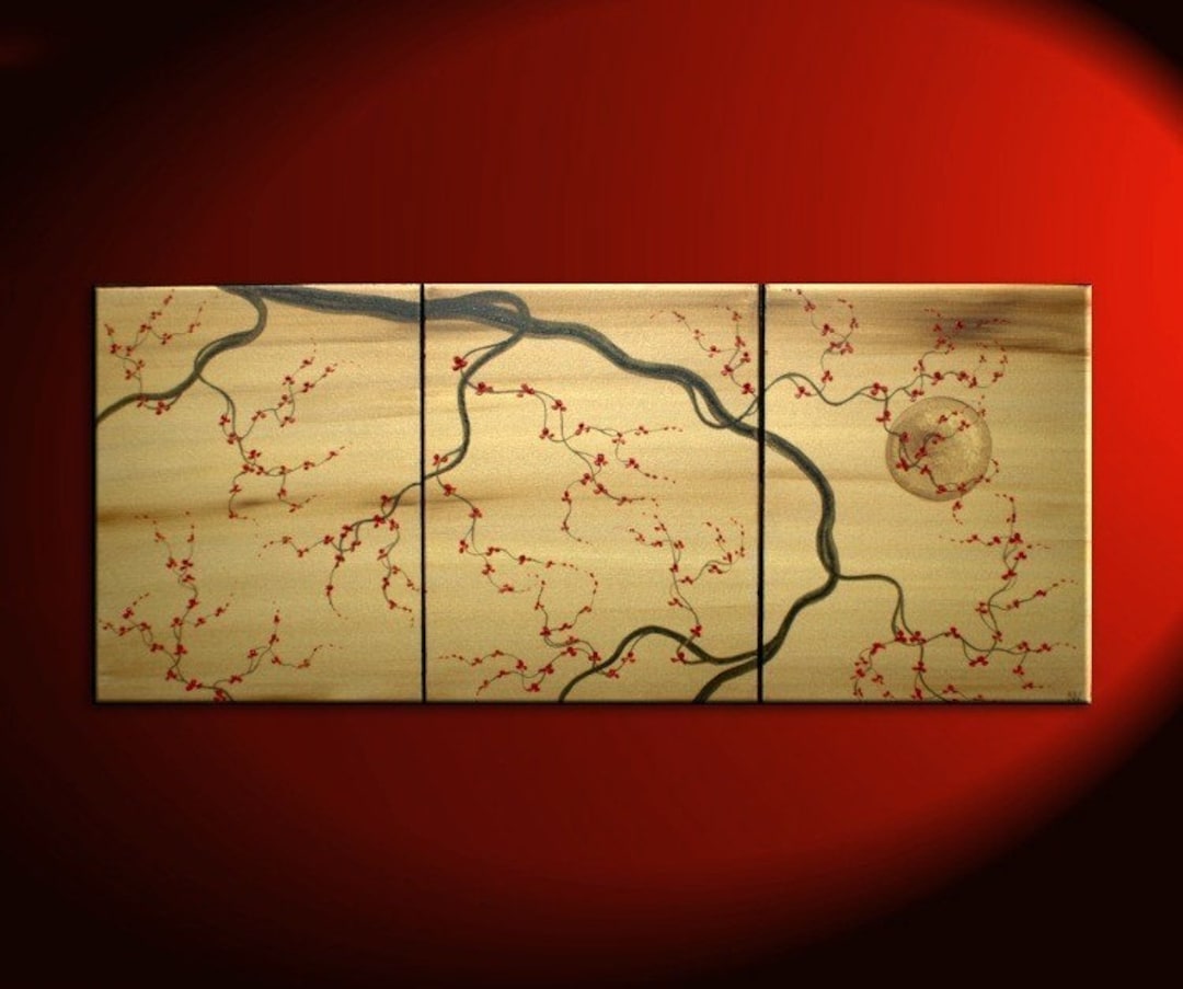 Large Gold Triptych Painting Original Art Plum Blossoms Red Flowers on