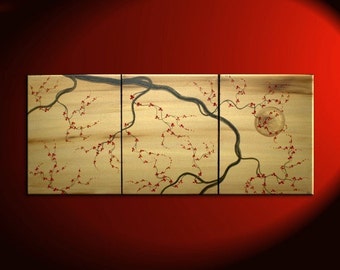 Large Gold Triptych Painting Original Art Plum Blossoms Red Flowers on Branch Original Asian Style Sunset CUSTOM 48x20