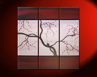 Original Painting Love Bird Art Deep Burgundy Red and Grey Cherry Blossoms Acrylic on Stretched Canvas 36x36 Triptych Custom