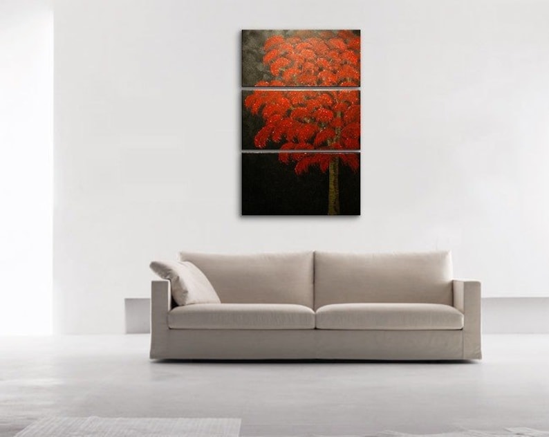 Large Red Tree Painting Over Three Canvases Custom Modern Art Etsy