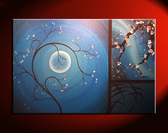 Delicada flor de cerezo hierbas luna y flor de ciruela pintura original arte azul pared arte hogar decoración personalizada 36x24