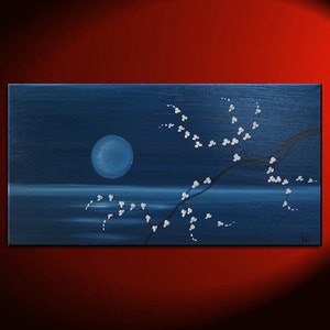 Custom 48x24 Deep Blue Sea and Cherry Blossom Painting Large Size Original Art Ocean and Moon image 1