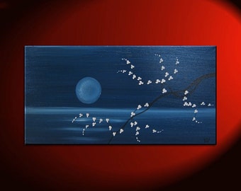 Custom 48x24 Deep Blue Sea and Cherry Blossom Painting Large Size Original Art Ocean and Moon