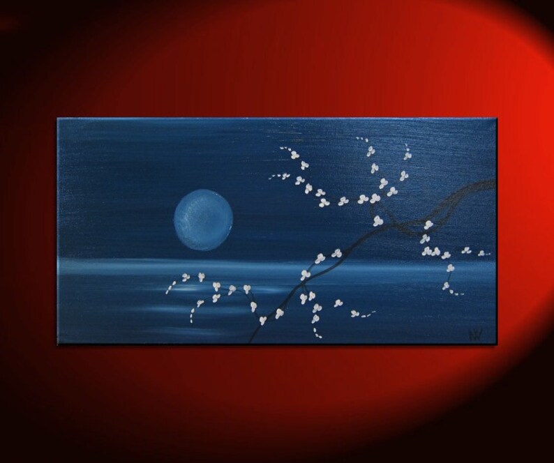 Custom 48x24 Deep Blue Sea and Cherry Blossom Painting Large Size Original Art Ocean and Moon image 1