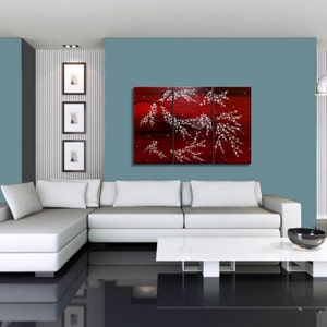 Wall Art Rich Red Triptych Tree Blossom Painting Crimson Burgundy and White Tree Branches Original Custom 45x30 image 5