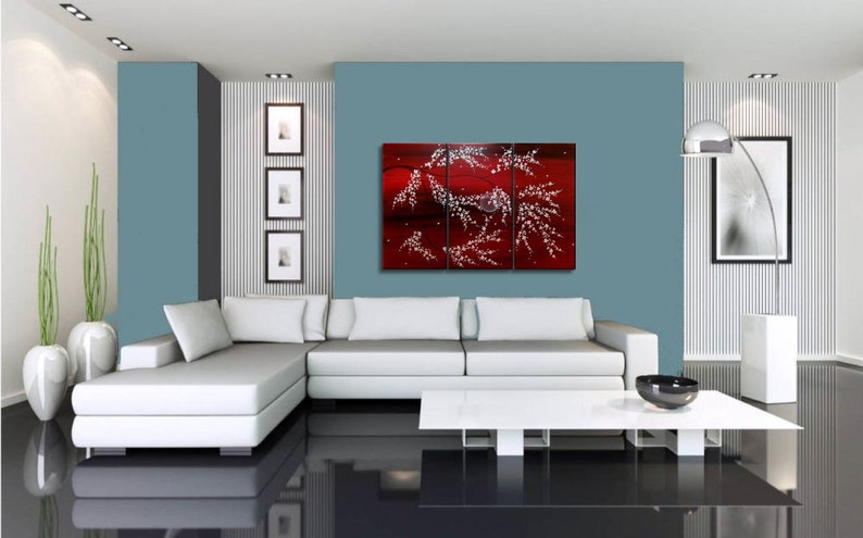 Wall Art Rich Red Triptych Tree Blossom Painting Crimson Burgundy and White Tree Branches Original Custom 45x30 image 5