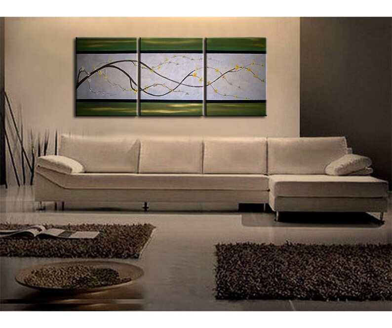 Cherry Blossom Painting Delicate Branch on Silver Gray and Green Canvas Acrylic Triptych Painting Japanese Chinese Asian Wall Art image 4