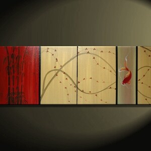 Koi Fish Art Cherry Blossom Painting Large Gold and Red Chinese Zen Style Original Modern Asian Fusion Custom 72x24