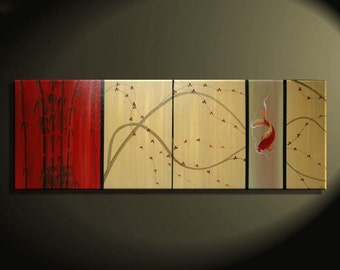 Koi Fish Art Cherry Blossom Painting Large Gold and Red Chinese Zen Style Original Modern Asian Fusion Custom 72x24