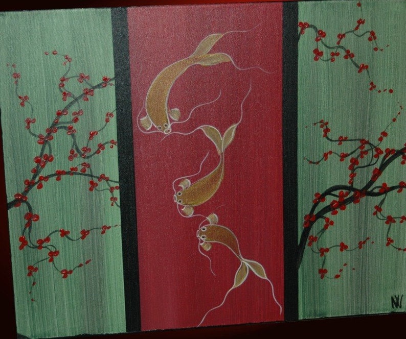 May include: A painting of three gold fish swimming in a red pond, with a green background featuring black branches with red blossoms.
