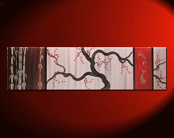 Large Koi Fish Painting Chocolate Brown Grey and Red Cherry Blossom and Bamboo Original Abstract Asian Zen Art 60x16 Custom
