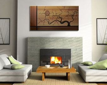 Abstract Tree Painting Large Earth Tones Brown Copper Gold Tan with Burgundy Blossoms Elegant Art 48x24 custom made