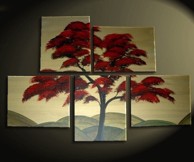 Large Tree Painting Red Gold Huge Art Custom Modern Abstract Original Peaceful 56x40 Hills Asian Chinese Japanese image 2