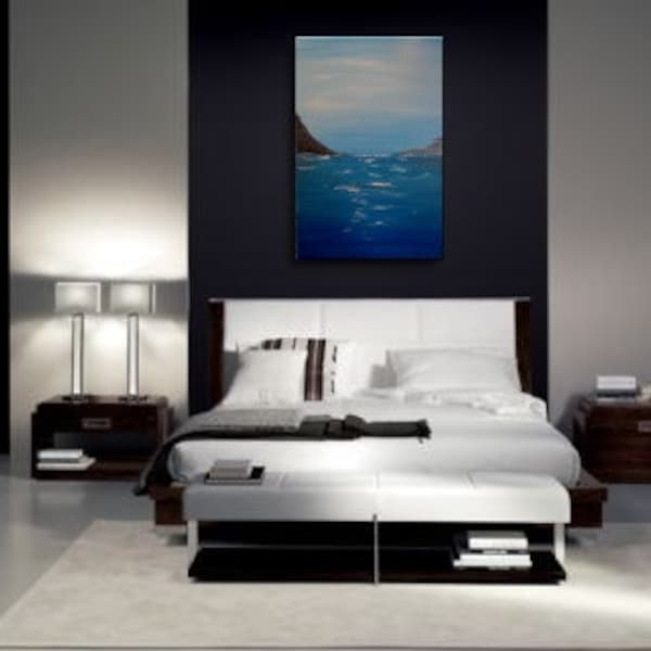 Large Abstract Seascape Painting Cliffs and Ocean Art Blue White Slate Grey Textured Impasto 24x36 mails quickly