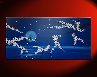 Seascape and Cherry Blossom Love Bird Painting Large Size Original Art Ocean and Moon 48x24 by Nathalie Van