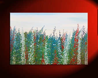 Large Salvia Flower Painting Zen Field Blossoms Green Blue Red White Original Art Floral Artwork Wall Art 40x30 Custom