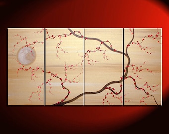 Gran flor de árbol pintura flor de cerezo flores de cerezo profundos ricos rojos y oro Tan Beige chino chino zen estilo original pared arte 60x30 personalizado