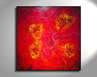 Huge Red Abstract Painting Textured Bold Wall Art Framed Home Decor Original Artwork 41x41 Impasto Modern Art